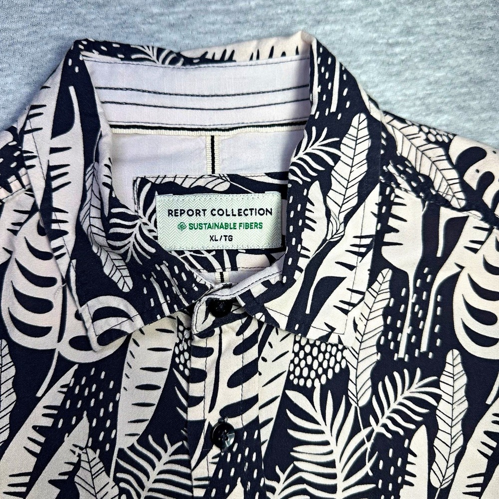 Report Collection Men's XL Black/White Tropical Floral Woven Button-Up Pockets